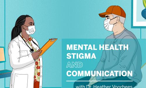 A Black female doctor in a white lab coat, red and white floral shirt, red pants, holding a clipboard, and wearing a mask talks to a white male patient sitting on an exam table in a gray sweater, blue jeans, red baseball cap, and mask.