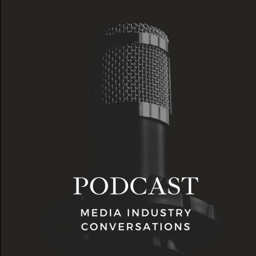 Black and white microphone with "Podcast: Media Industry Conversations" in white lettering