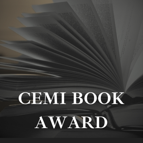Sepia image of a book with pages spread with "CEMI Book Award" in white lettering