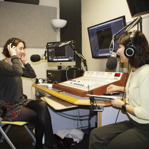 Students in podcast studio