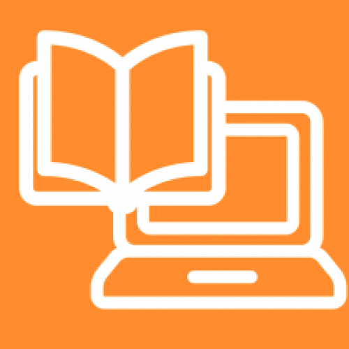 orange background with white computer and book icon