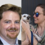 Joshua Barbour, white man from neck up with short brown hair and goatee on left; Ashley Morrison, white woman wearing sunglasses with cropped brown hair turned to the side holding a small dog and smiling on the right