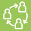 green background with three white people outlines and three arrows pointing in a circle to the three people