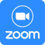 Zoom logo, blue background with white camera icon and circle around it and the word Zoom in white
