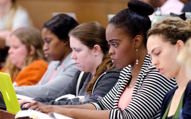 Five students sit in a row at their desk and completing an assignment on their computers