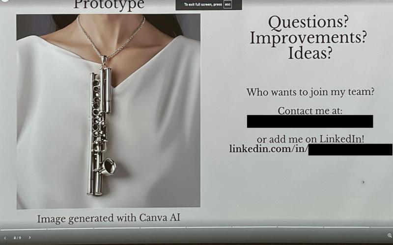 The image depicts a student presentation slide that asks for questions, improvements, ideas. 