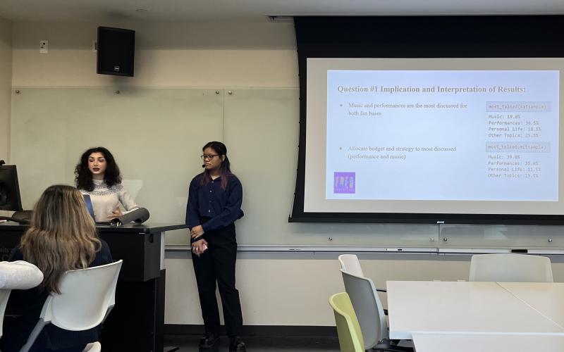 Two students presenting at the front of the classroom 