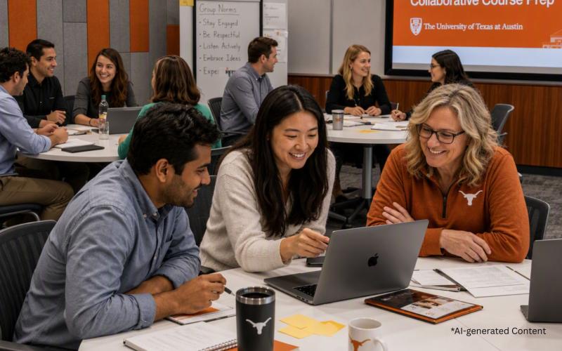 A collaborative classroom workshop at the University of Texas at Austin, showing several people seated around tables working together on laptops and notebooks. A presentation screen in the background displays “CATE Collaborative Course Prep,” while small groups engage in discussion throughout the room.