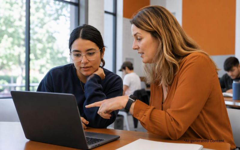 Two people seated at a table in a modern classroom or collaborative workspace review content on a laptop. One person points toward the laptop screen while the other looks at it. Large windows provide natural light, and several other people are visible in the background. The room features orange and neutral-colored accents, with notebooks and water bottles on nearby tables.