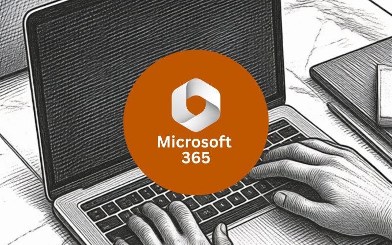 Illustration of hands typing on a laptop computer with the Microsoft 365 white logo atop a burnt orange circle in the foreground. 