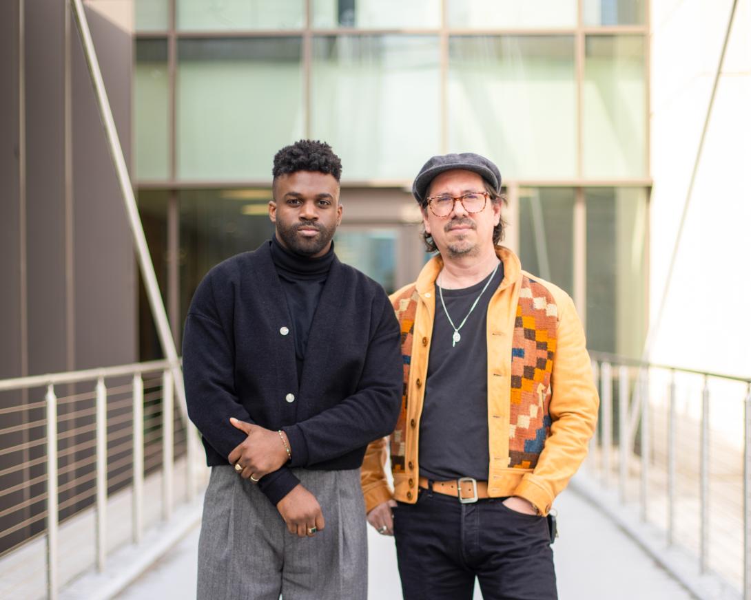 Oscar-nominated singer-songwriters Abraham Alexander and Adrian Quesada (co-founder of Black Pumas) visited Moody College. Their song “Like a Bird,” featured in "Sing Sing," is nominated for Best Original Song. Photo by Campbell Williams