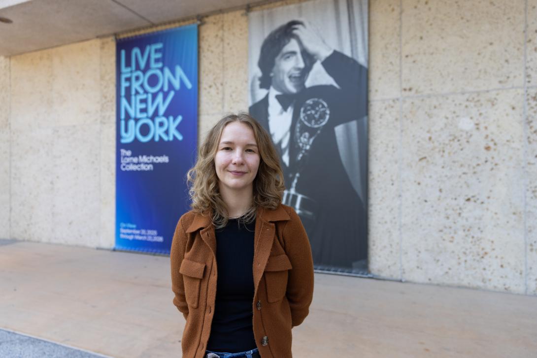 Grad student Ann Laudick standing in front of Harry Ranson Cemter 